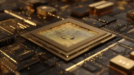 Golden Microchip on Black Circuit Board Close Up