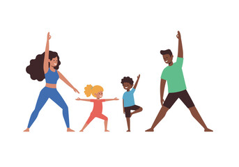 A family doing yoga including parents and kids in exercise attire against a white background