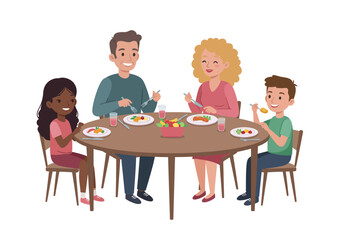 A family of four eating dinner around a table