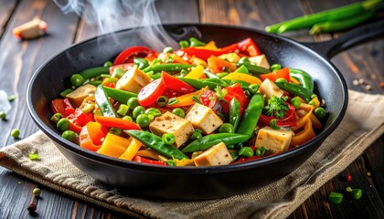 Stir-fried tofu with vegetables in a pan on wooden table in daylight, just from the stove