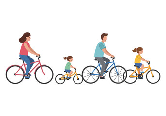 Obraz premium A family of four enjoys a bike ride together each on their own bicycle