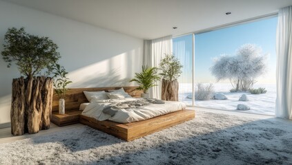 A serene, modern bedroom boasts a view of a snowy landscape beyond expansive windows, featuring a wooden platform bed and decorative planters.