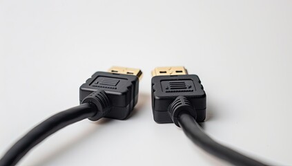 Close-up of two black DisplayPort connectors angled slightly outward, set against a plain white backdrop.  The gold-plated contacts are visible