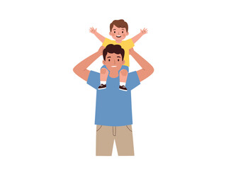 A man carries a child on his shoulders both smiling and holding their arms out