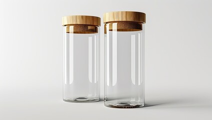 Two cylindrical glass jars with light wood and cork lids stand on a white background, slightly angled
