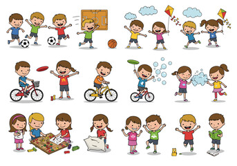 Cartoon children in various activities sports games riding bikes and playing with toys