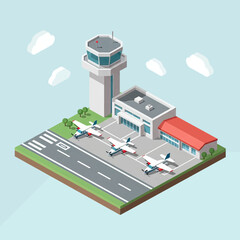 Dynamic isometric view of an airport scene with planes, control tower, and terminal, creating a vibrant and visually engaging modern transportation concept