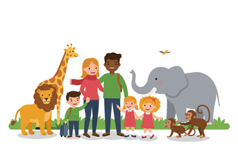 Cartoon family visiting zoo lion giraffe elephant monkeys bird boy pulling suitcase