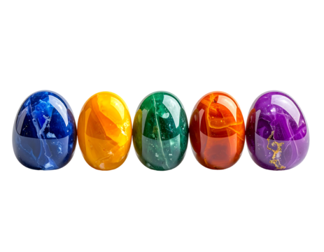 Five polished gemstone eggs in rainbow hues, arranged horizontally against a black background.  Each egg displays unique veining and color saturation