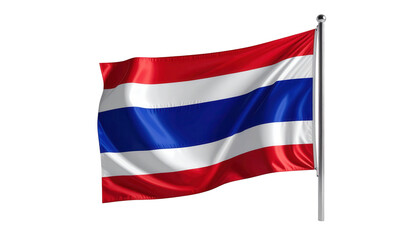 Naklejka premium A vibrant, waving national flag of Thailand against a stark black backdrop, displaying the iconic red, white, and blue horizontal stripes.