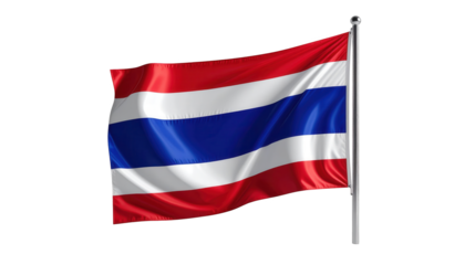 A vibrant, waving national flag of Thailand against a stark black backdrop, displaying the iconic red, white, and blue horizontal stripes.
