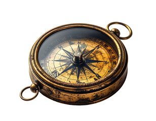 Antique brass compass with aged patina, glass cover, and intricate compass rose; showing north, south, east, west directions