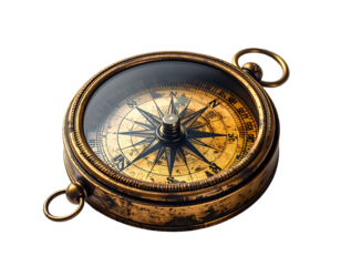 Antique brass compass with aged patina, glass cover, and intricate compass rose; showing north, south, east, west directions