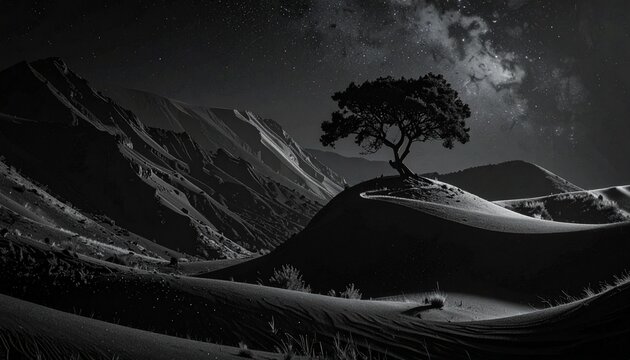 Lone tree atop desert dune under moonlight, black-and-white landscape with dramatic shadows and rugged terrain.