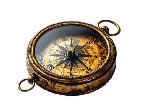 Antique brass compass with aged patina, glass cover, and intricate compass rose; showing north, south, east, west directions