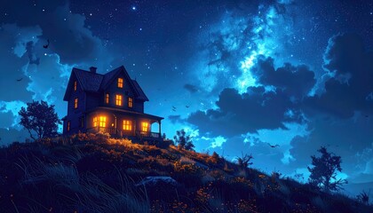 Haunted house at night under starry sky with bats in flight on Halloween
