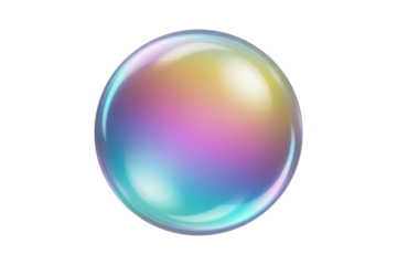 A vibrant, iridescent bubble floats against a dark transparent background, showcasing its reflective surface and translucent nature. background removed