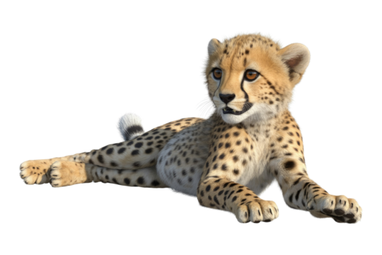 Adorable cheetah cub lying down, showcasing its spotted coat and playful expression. background removed - Powered by Adobe