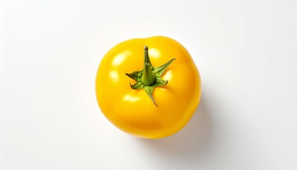 A vibrant yellow tomato with a glossy surface and green stem, isolated on a clean white background