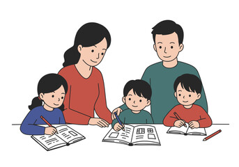 Family of five seated at a table helping their children with homework