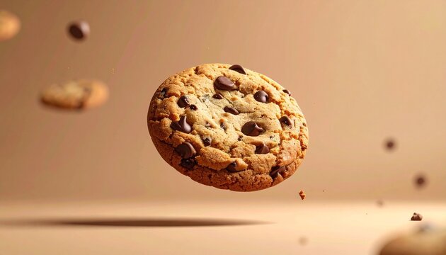Floating chocolate chip cookies against soft brown backdrop, emphasizing texture, motion, and depth.