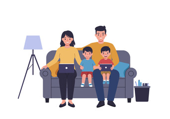 Fototapeta premium Family of four on gray sofa mother and kids hold laptops floor lamp bin