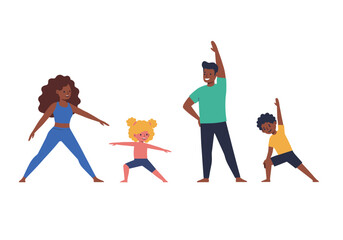 Family of four practicing yoga together the mother father and two children stretch and bend in a group