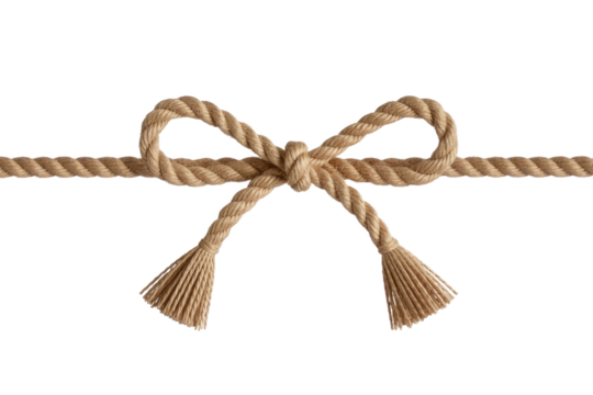 A beige jute rope tied in a bow on a transparent background, isolated and transparent. background removed