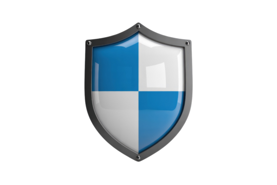 A glossy, metallic shield with a blue and white checkered design, symbolizing protection and security. background removed