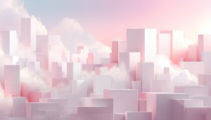 A pastel-hued cityscape of cubic structures, nestled within soft clouds, evokes a serene and dreamlike atmosphere.