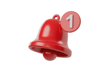 A 3D render of a red bell with a notification of one new message. background removed