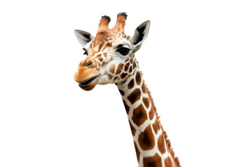 Close-up of a giraffe's head and neck against a transparent background, showcasing its unique markings. background removed