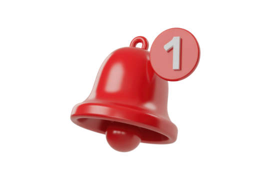 A 3D render of a red bell with a notification of one new message. background removed