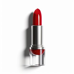 Obraz premium A vibrant red lipstick in a sleek, silver and clear tube casts a subtle shadow against a stark white backdrop