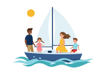 Obraz premium Family sailing on a yacht with a large sail in calm waters under a bright sun