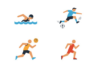 Four different sports stick figures a swimmer soccer player basketball player and runner