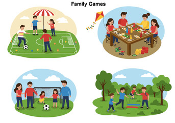 Fototapeta premium Four cartoon families engage in different games soccer board games and jumping rope in various outdoor settings
