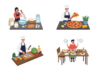 Four foodrelated scenes show baking pizza vegetable chopping and dining