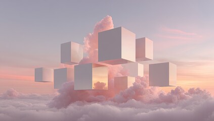 Floating white cubes hover amidst a soft pink cloud formation, creating a serene and surreal scene.