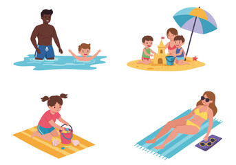Four scenes depict beach activities swimming sandcastles shell collecting  sunbathing