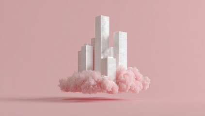 A stylized city of white buildings floats serenely atop a fluffy pink cloud against a pale pink background, showcasing a whimsical and surreal scene.