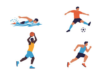 Four sports are depicted swimming soccer basketball and running