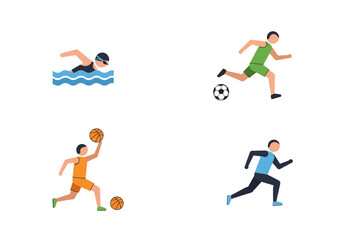 Graphics feature four athletes in action swimming soccer basketball and running