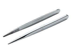 Two polished metal tweezers, one serrated, one smooth, lie at an angle against a black background