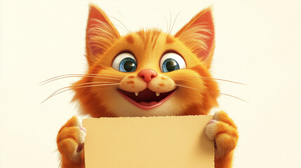 Adorable cartoon ginger cat holding blank sign with a cute, funny expression, perfect for pet-themed marketing and whimsical designs