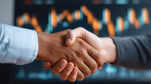 Handshake with financial chart background showing business agreement success