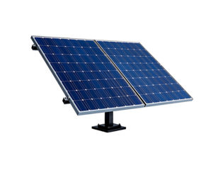 Two dark-blue solar panels, angled, mounted on a black stand against a black background