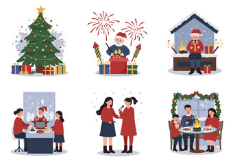 Six illustrations show winter holiday activities Christmas tree fireworks fire pit fondue caroling and family dinner