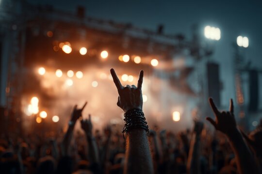 Crowd raises hands showing rock and roll gesture at a music festival concert
