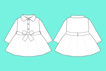 Baby Girls Long Sleeve Collar Dress Fashion Flat Sketch Vector Template.